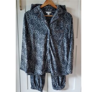 Anne Klein Pajama Set Women S Gray Leopard Print Cozy Lace Trim Feminine Warm PJ